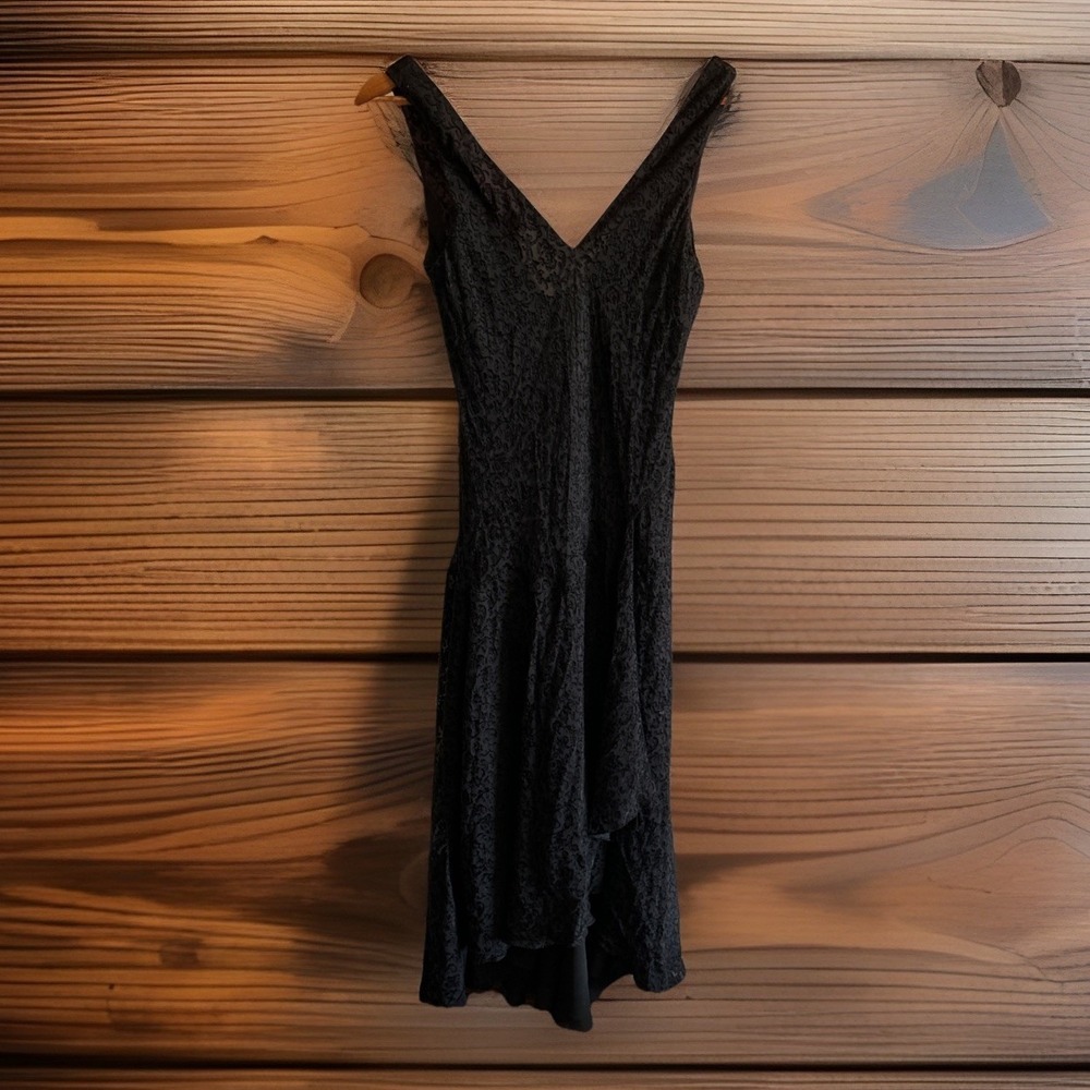 Vintage Ralph Lauren Dress‎ Black Whimsigoth 90s Y2K Silk Lace Velvet V-neck Med